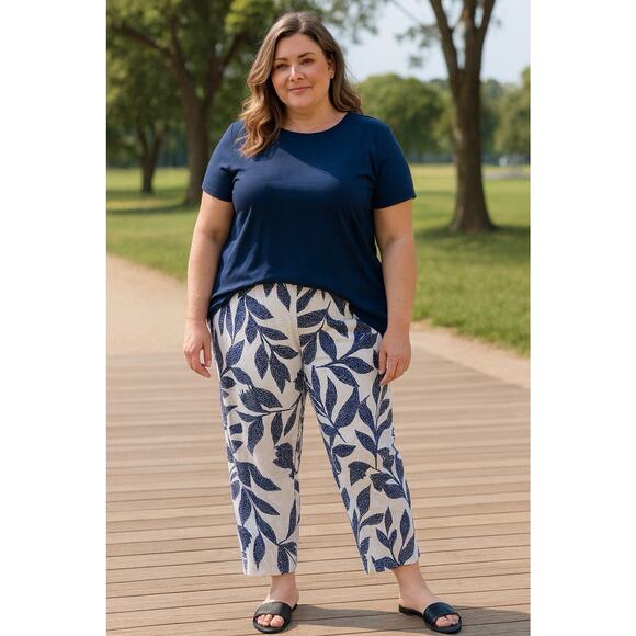 Chico's Pants NWT Women's Size (12) Linen Vacation Colorful Blue Leaf Wide Leg - Picture 1 of 9